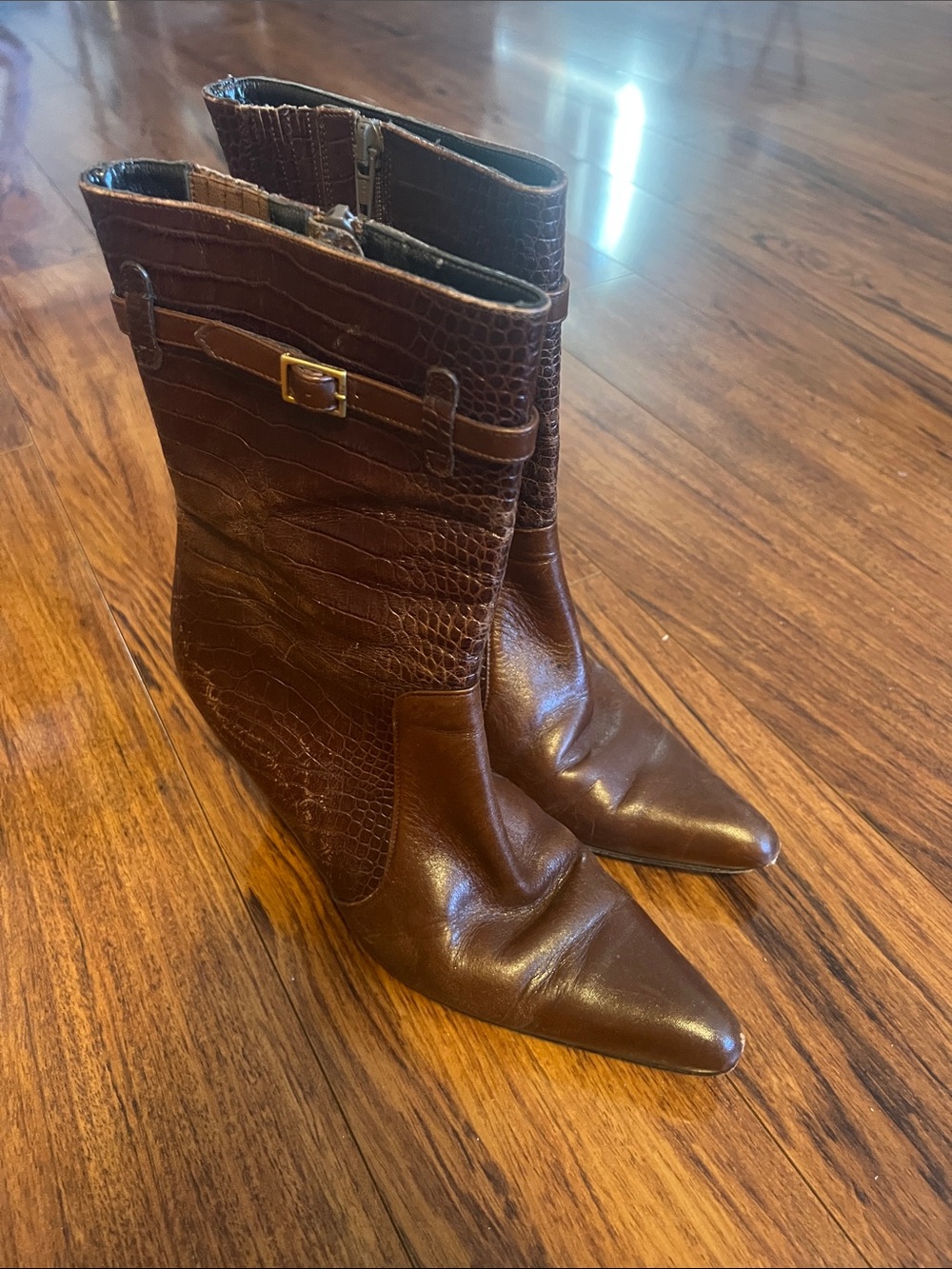 Brooks Brothers Croc-Embossed Brown Leather Pointed Toe Mid-Calf Boots